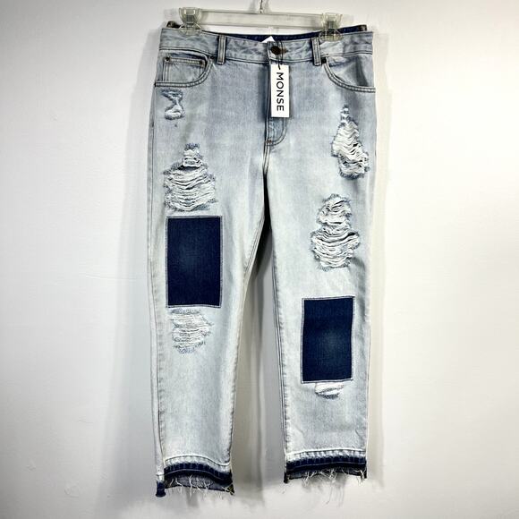 Monse Light Wash Distressed Patchwork High Rise Straight-Leg Jeans` - Picture 8 of 14